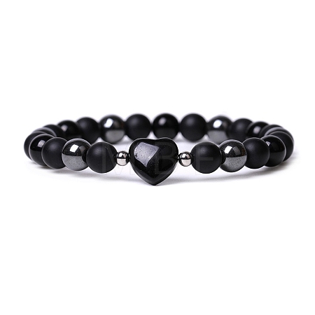Natural Obsidian Heart Beaded Stretch Bracelet PW-WG70241-01-1