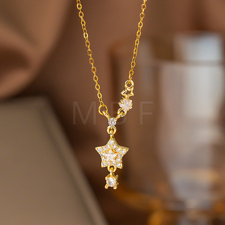 Brass Pave Clear Cubic Zirconia Star Pendant 304 Stainless Steel Cable Chain Necklaces for Women WGDE7B3-01-1