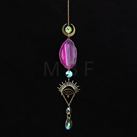 Natural Agate Piece & Metal Evil Eye Moon Hanging Ornaments PW-WG66301-02-1