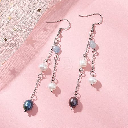 Oval Natural Aquamarine & Natural Cultured Freshwater Pearl Dangle Earrings EJEW-JE06876-1