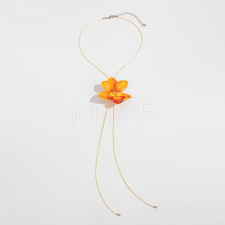 Cloth Flower Pendant Imitation Leather Waxed Cord Tassel Y Necklaces FS-WG643B1-01-1