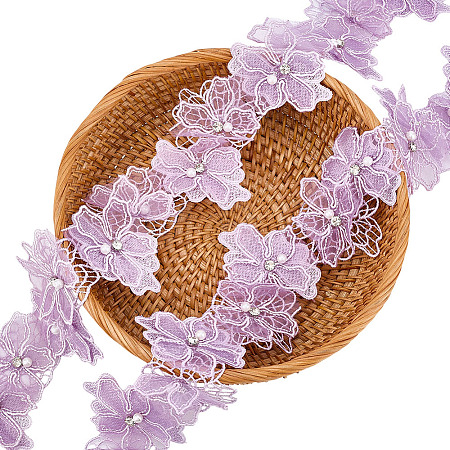 1Pc Polyester Flower Lace Trim with Imitaiton Pearl OCOR-ME0001-48A-1