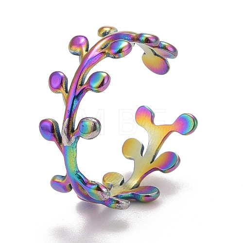 Rainbow Color Ion Plating(IP) 304 Stainless Steel Leaf Wrap Open Cuff Ring for Women RJEW-A005-02-1