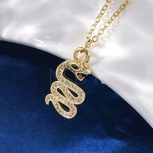 Brass Micro Pave Clear Cubic Zirconia Snake Pendant Necklaces NJEW-S438-02I-G-1