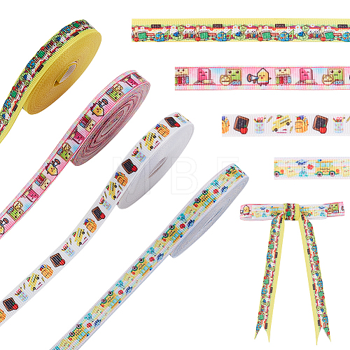 AHADERMAKER 4 Bundles 4 Colors School Theme Single Face  Printed Polyester Ribbons OCOR-GA0001-79-1