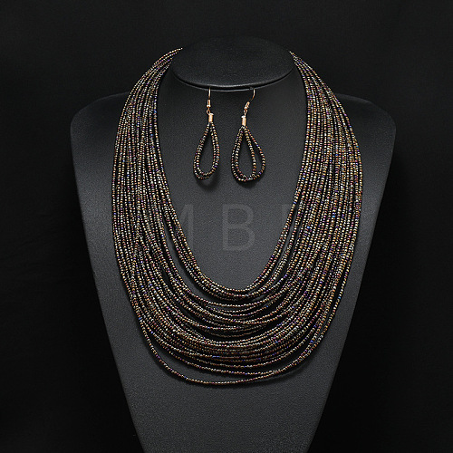 Bohemian Style Glass Seed Beaded Multilayer Necklaces & Teardrop Dangle Earrings Sets WGC1230-05-1