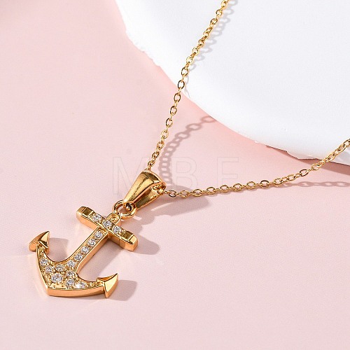 304 Stainless Steel Crystal Rhinestone Anchor Pendant Necklaces NJEW-Z057-01C-G-1