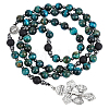 Dyed Natural Cadet Blue Tiger Eye & Synthetic Non-Magnetic Hematite & Lava Rock Round Rosary Bead Necklaces HJEW-DC00192-1