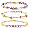3Pcs 3 Styles Natural Amethyst & Brass Beads Stretch Bracelets fore Women JB5530-1-1