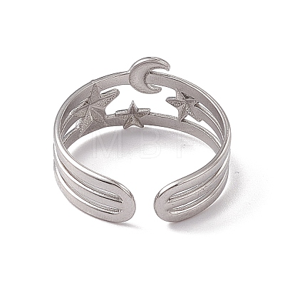 Non-Tarnish 304 Stainless Steel Star & Moon Open Cuff Ring for Women RJEW-C045-13P-1