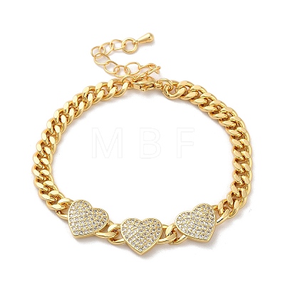 Brass Micro Pave Clear Cubic Zirconia Triple Heart Cuban Link Chains Bracelets for Women BJEW-M322-05G-B-1