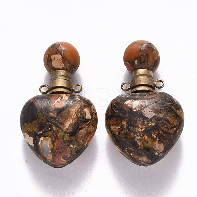 Heart Assembled Natural Bronzite and Synthetic Imperial Jasper Openable Perfume Bottle Pendants G-R484-01F-1
