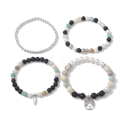 4Pcs 4 Styles 6/8mm Round Natural Lava Rock & Flower Amazonite & Shell Pearl Beaded Stackable Stretch Bracelet Sets BJEW-JB10333-1