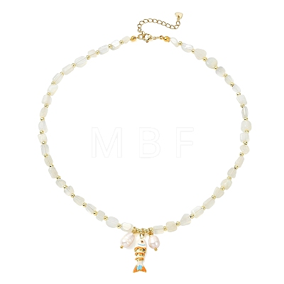 Brass Enamel Fish and Natural Pearl Rice Pendant Natural White Moonstone Nuggets Beaded Necklaces for Women NJEW-JN06357-01-1