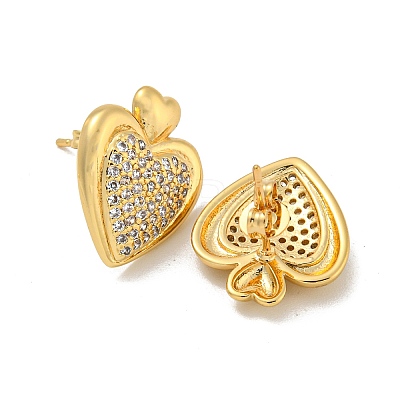 Heart Brass Pave Clear Cubic Zirconia Stud Earrings for Women EJEW-N054-39G-1