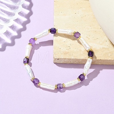 Natural Amethyst & Cultured Freshwater Pearl Beaded Bracelets BJEW-JB14045-03-1