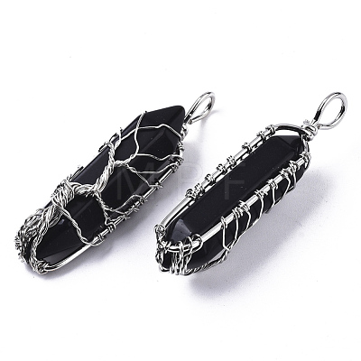 Natural Black Agate Big Wire Wrapped Pointed Pendants G-T133-P02A-1