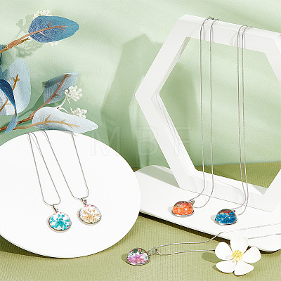 Unicraftale 5Pcs 5 Color Dry Flower Pressed Glass Pendant Necklaces Set with Snake Chains NJEW-UN0001-38-1