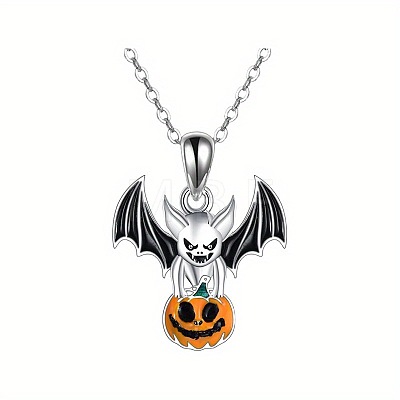 Halloween Alloy Enamel Bat with Pumpkin Pendant Necklaces WG6D1E5-01-1