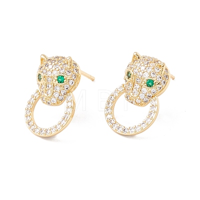 Green Cubic Zirconia Leopard Head with Ring Stud Earrings EJEW-F282-32G-1