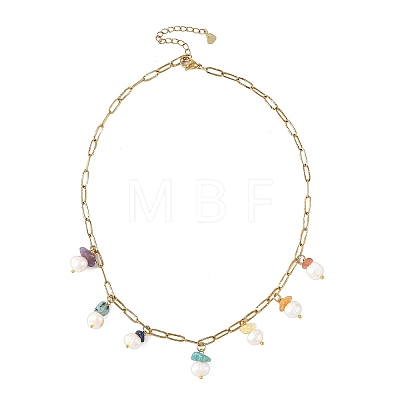 Natural Mixed Stone Chip and Pearl Tassel 304 Stainless Steel Paperclip Chain Necklaces for Women NJEW-JN06528-01-1