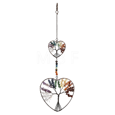 7 Chakra Heart Tree of Life Brass & Natural & Synthetic Gemstone Beads Hanging Ornament G-H359-01R-01-1