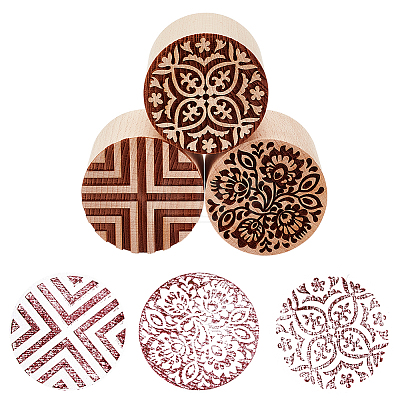 Olycraft 3Pcs 3 Styles Round Wooden Traditional Chinese Moon Cake Stamps AJEW-OC0004-19A-1