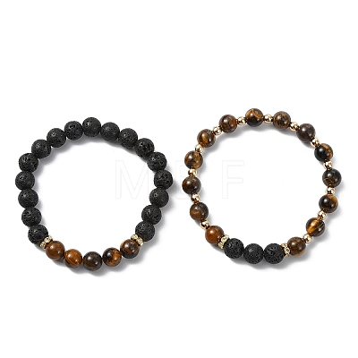 Adjustable Natural Tiger Eye and Natural Lava Rock Stretch Bracelets BJEW-JB14150-02-1