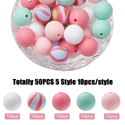 50Pcs 5 Styles Round Silicone Beads SIL-YW0001-22-1