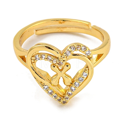 Heart with Letter Rack Plating Brass Micro Pave Clear Cubic Zirconia Adjustable Rings for Women RJEW-I105-01G-X-1