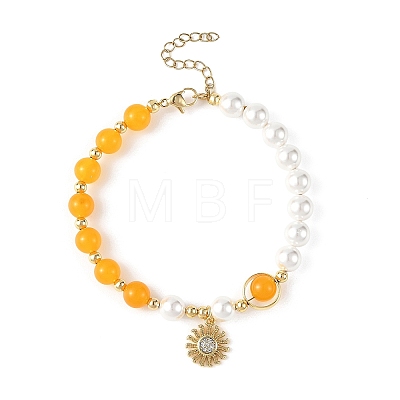 Brass Micro Pave Clear Cubic Zirconia Sun Charm Natural Dyed Malaysia Jade and Shell Pearl Round Beaded Bracelets BJEW-JB14348-1