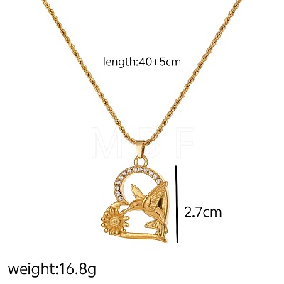 304 Stainless Steel Micro Pave Clear Cubic Zirconia Heart with Flower Bird Pendant Necklaces for Women WG05DAA-01-1