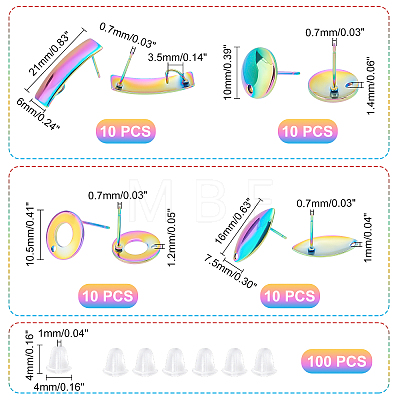 Unicraftale 40Pcs 4 Style Rainbow Color 304 Stainless Steel Stud Earring Findings DIY-UN0003-22-1