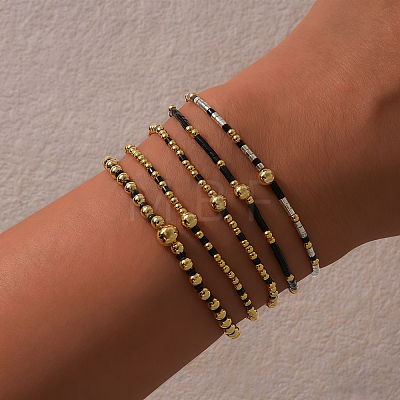 5Pcs 5 Styles Bohemian Style Glass Seed Bead & Brass Beads Stretch Bracelets Set for Women XX3462-4-1