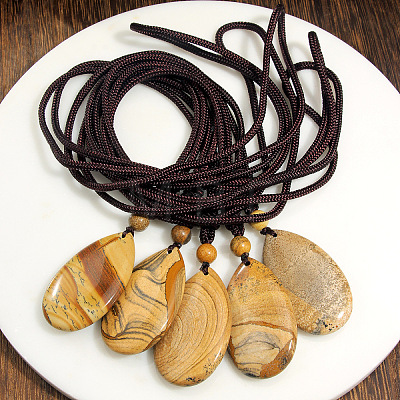 Natural Picture Jasper Teardrop Pendant Adjustable Cotton Cord Long Necklaces for Women WG5FD2E-01-1