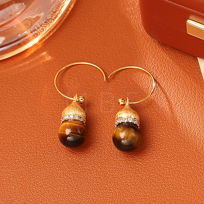 Natural Tiger Eye & Brass & Cubic Zirconia Dangle Earrings WGAC9F4-02-1