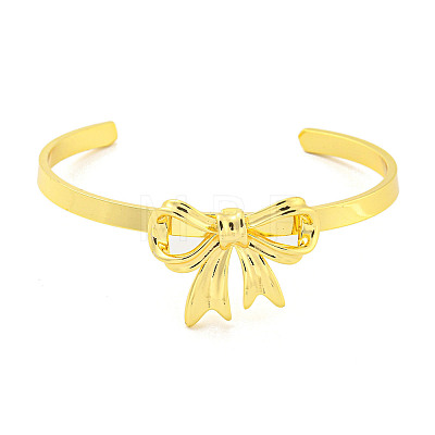 Bowknot Rack Plating Brass Open Cuff Bangles for Women BJEW-P322-06C-G-1