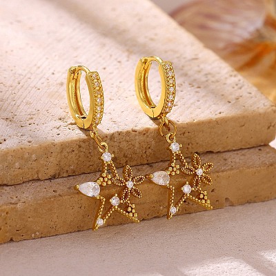 Brass Micro Pave Cubic Zirconia Dangle Hoop Earrings for Women KK-CBADCD7-02G-1