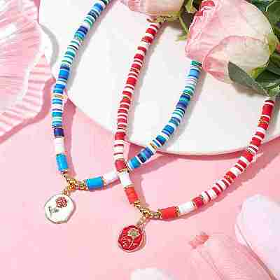 2Pcs 2 Style Alloy Enamel Flower Pendant Necklaces Set NJEW-JN04537-1