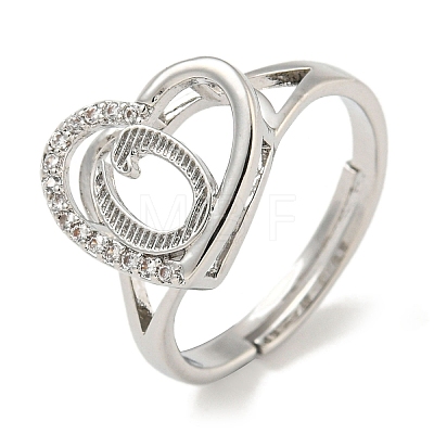 Heart with Letter Rack Plating Brass Micro Pave Cubic Zirconia Adjustable Rings for Women RJEW-I105-06P-O-1