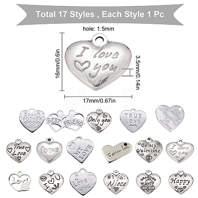 17Pcs Heart with Word 316 Surgical Stainless Steel Pendants STAS-SC0002-27P-1