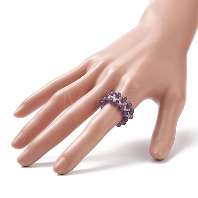 Natural Amethyst & Glass Braided Beaded Stretch Ring for Women RJEW-JR00546-02-1