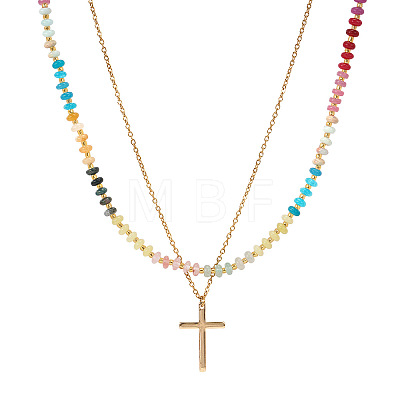 Stainless Steel Religion Cross Pendant Colorful Natural Gemstone Rondelle Beaded Double Layer Necklaces for Women CO5137-1