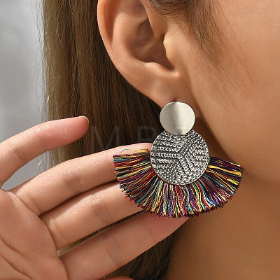 Flat Round with Fan Bohemian Style Iron Tassel Stud Earrings FS-WGA1D99-06-1