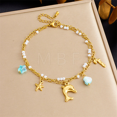 304 Stainless Steel & Plastic Pearl & Natural Stone Nuggets Tassel Double Layer Anklets FS-WG5DBE1-03-1