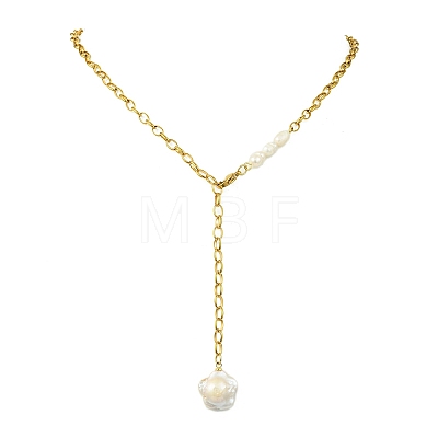 Adjustable Natural Baroque Keshi Pearl Tassel 304 Stainless Steel Cable Chain Lariat Necklaces for Women NJEW-JN06212-1