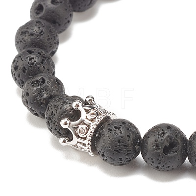 Natural Lava Rock Round Beaded Stretch Bracelet with Clear Cubic Zirconia Crown BJEW-JB07797-01-1