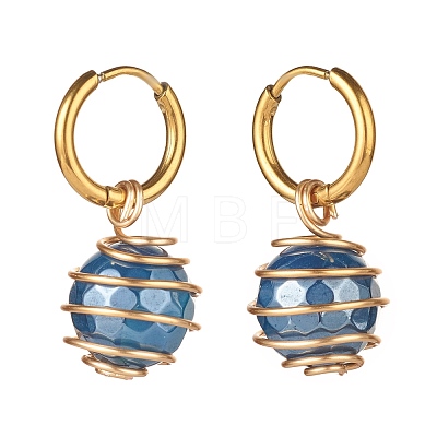 Round Natural Agate Beads Dangle Huggie Hoop Earrings EJEW-JE04718-01-1