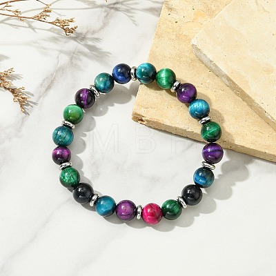 Dyed & Heated Natural Tiger Eye & Brass Round Beaded Stretch Bracelets for Women Men BJEW-JB13933-1