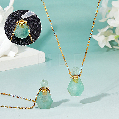 Natural Fluorite Faceted Perfume Bottle Pendant 304 Stainless Steel Cable Chain Necklaces NJEW-WH0002-268D-1